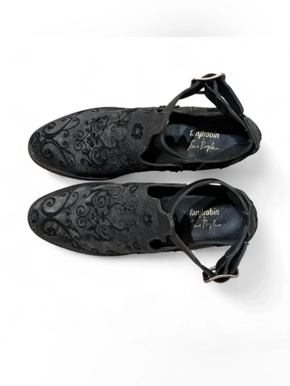 Free People x Farylrobin Lina Ankle Leather Booties Embroidered Black Sz 7 - Picture 5 of 8